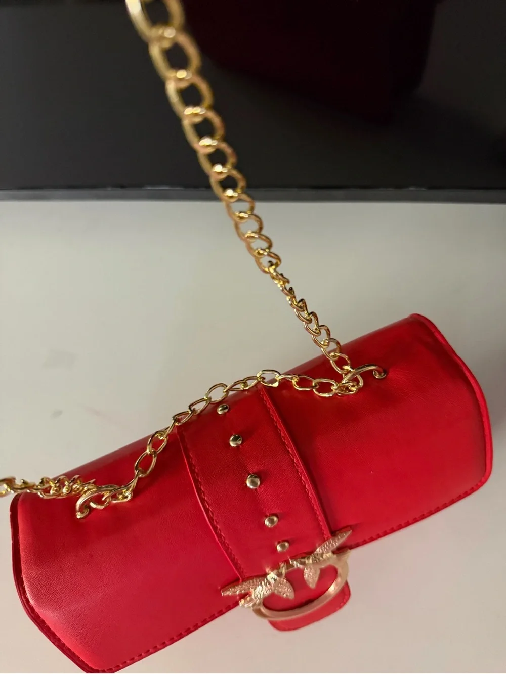 Red Women's Chain Shoulder Bag with Gold Bird Accent